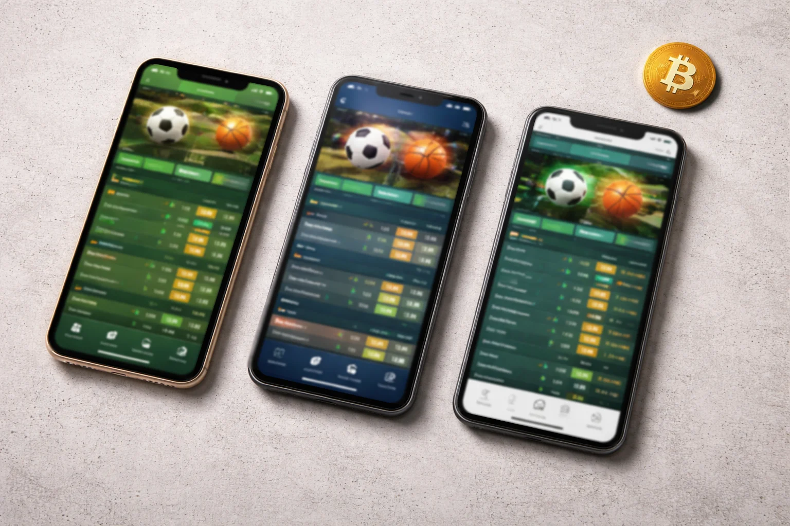 Drei Smartphones nebeneinander mit verschiedenen Sportwetten-Oberflächen