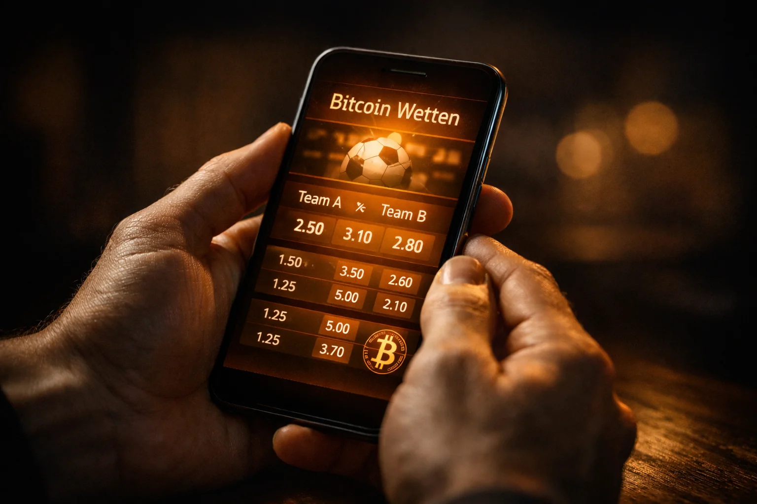 Bitcoin Sportwetten App auf einem Smartphone mit leuchtender Benutzeroberfläche