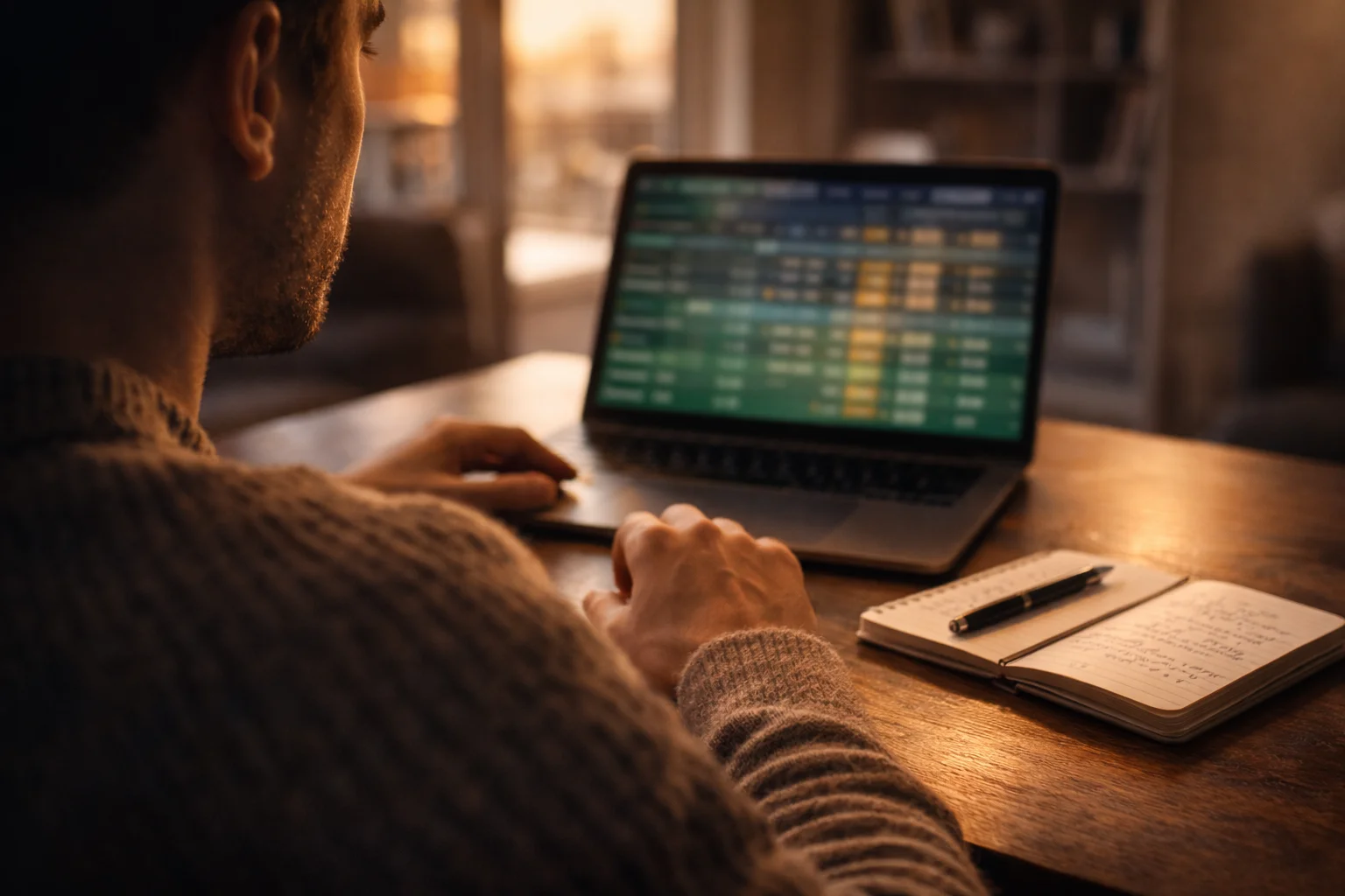 Mann analysiert Sportwetten-Quoten am Laptop mit einem Bitcoin-Symbol auf dem Schreibtisch