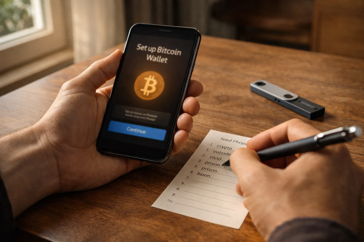 Person richtet Bitcoin-Wallet auf dem Smartphone ein und notiert Seed-Phrase