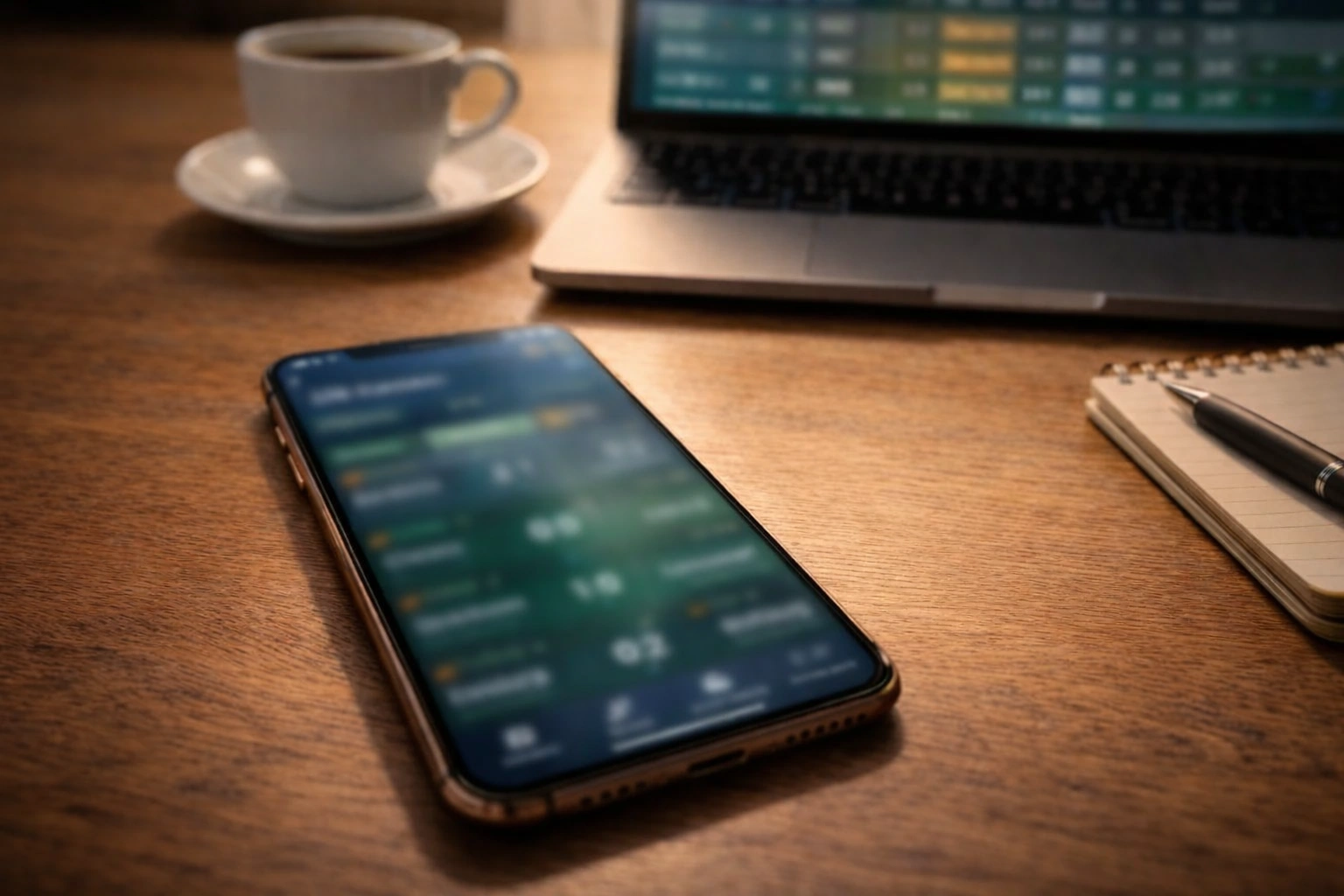 Smartphone mit einer Bitcoin-Sportwetten-App auf einem Schreibtisch neben einem Laptop mit Sportergebnissen