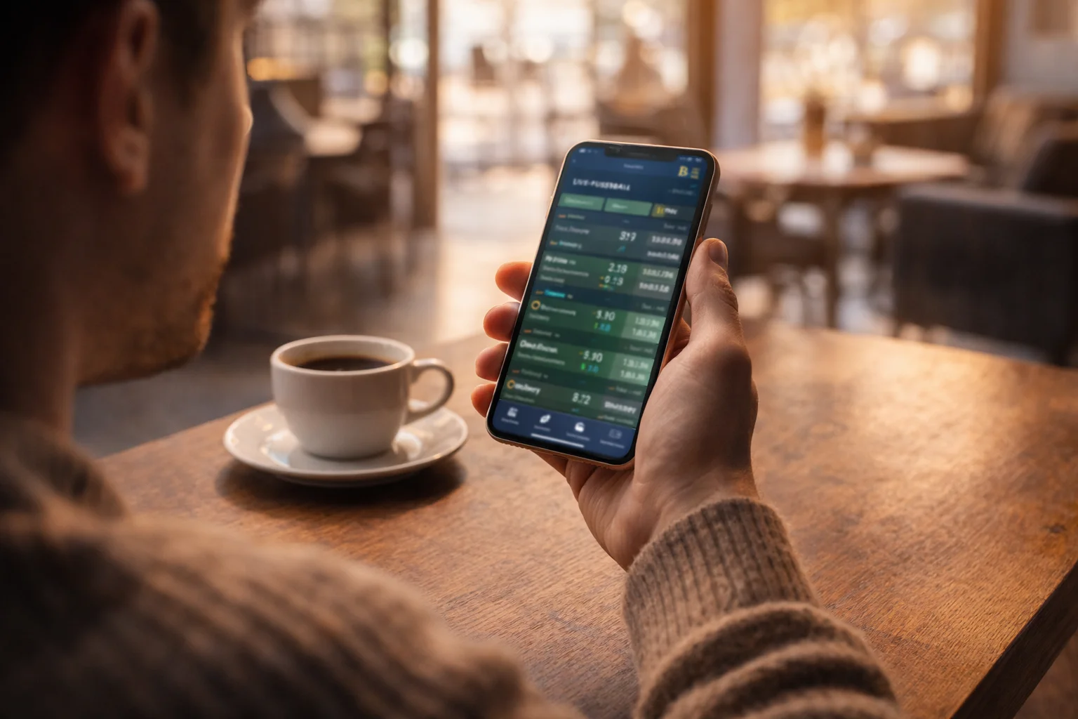 Mann platziert Bitcoin-Sportwetten auf dem Smartphone im Café