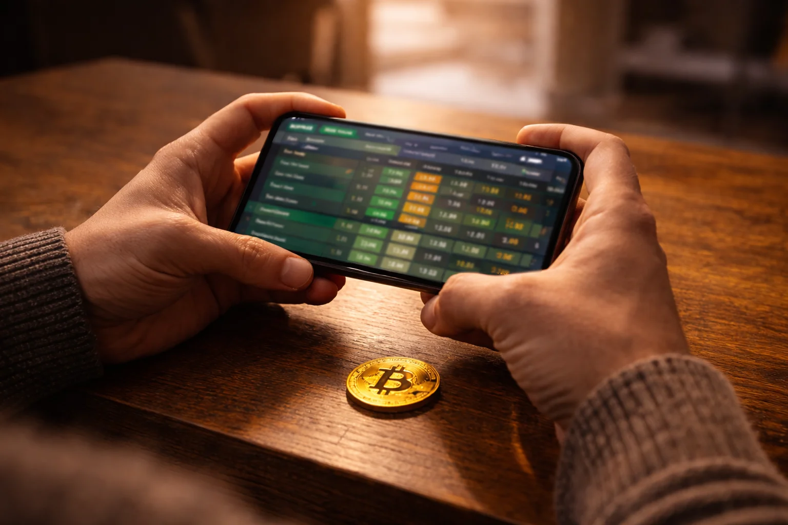 Smartphone mit Sportwetten-App und Bitcoin-Symbol auf einem Schreibtisch