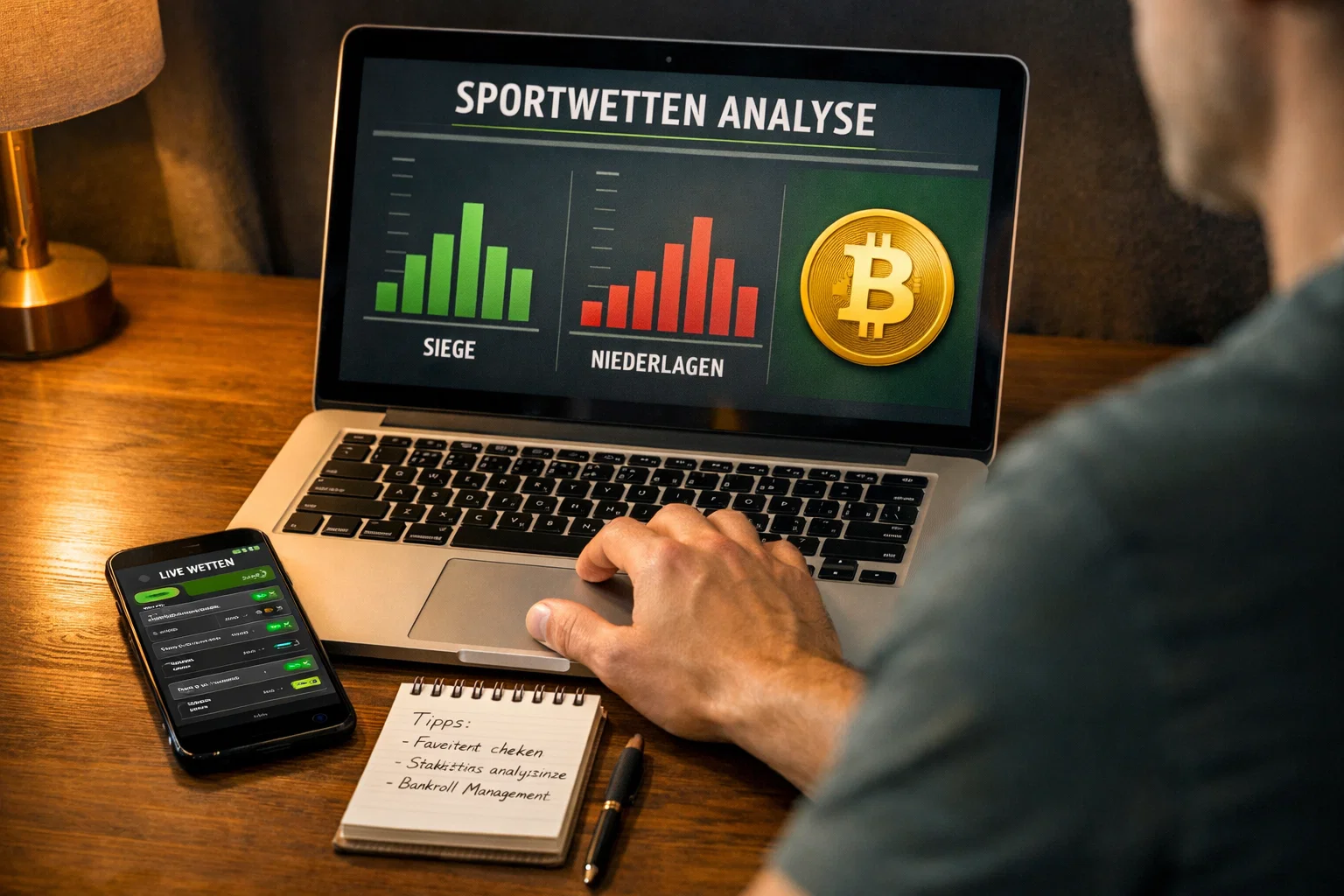 Person analysiert Sportwetten-Statistiken auf einem Laptop mit Bitcoin-Symbol auf dem Bildschirm
