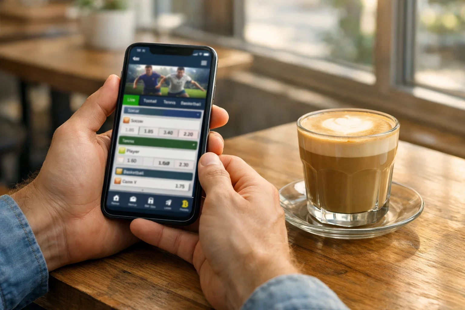 Person tippt eine Bitcoin-Sportwette auf dem Smartphone in einem Café