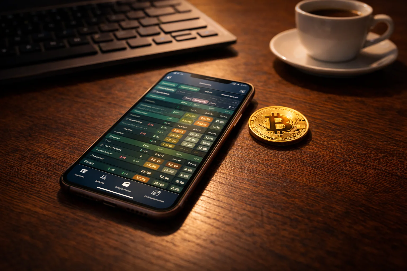 Smartphone mit Bitcoin-Sportwetten-App auf einem Schreibtisch neben einer Tastatur