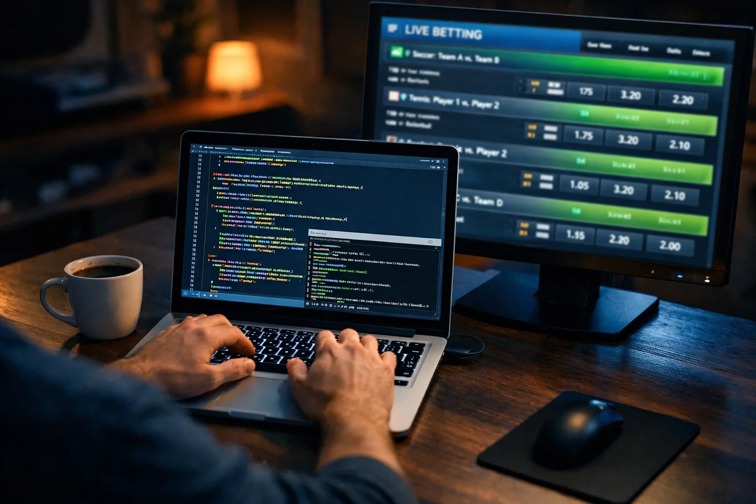 Entwickler programmiert einen Wett-Bot am Laptop mit Code auf dem Bildschirm