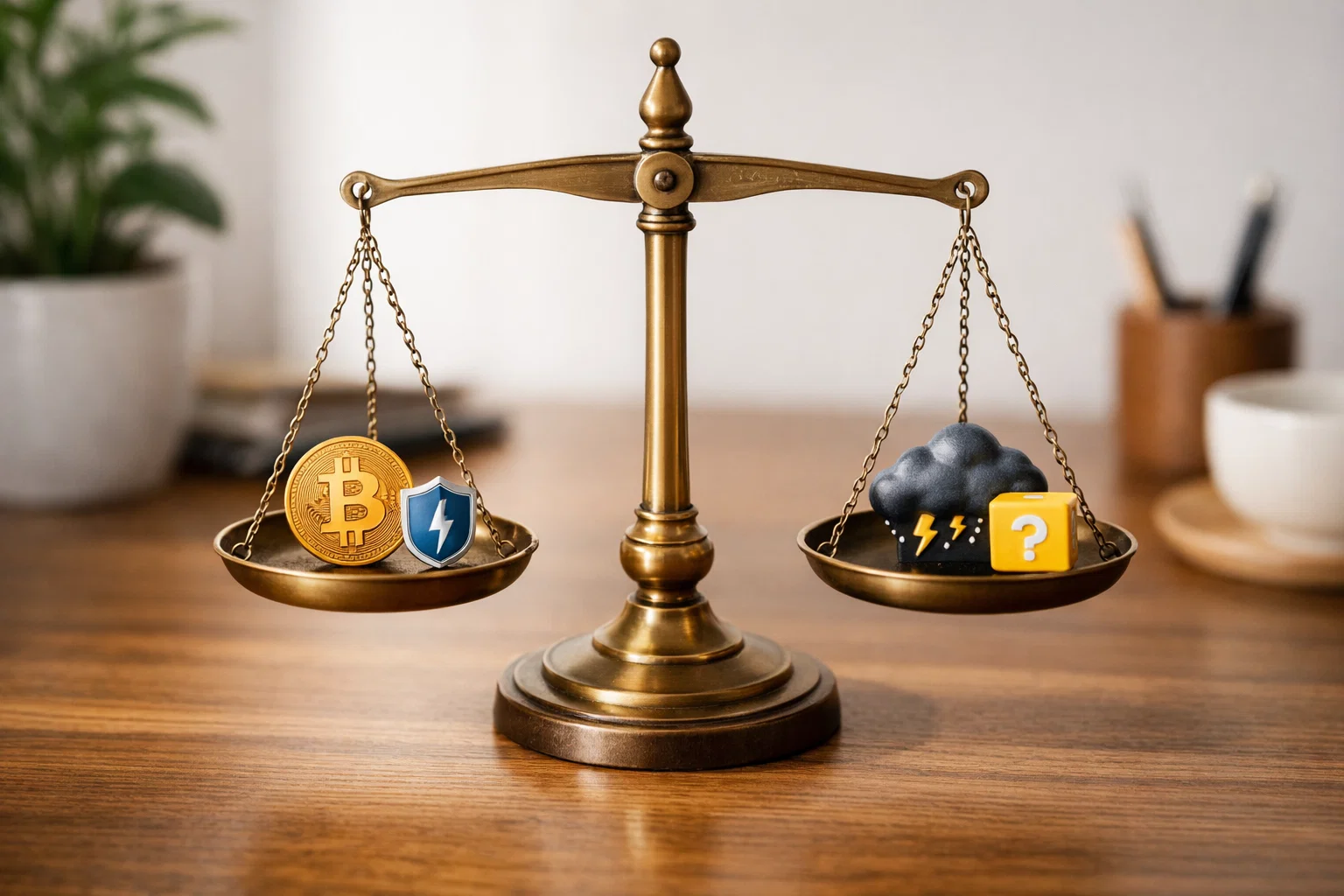 Waage mit symbolischen Vor- und Nachteilen von Bitcoin-Sportwetten