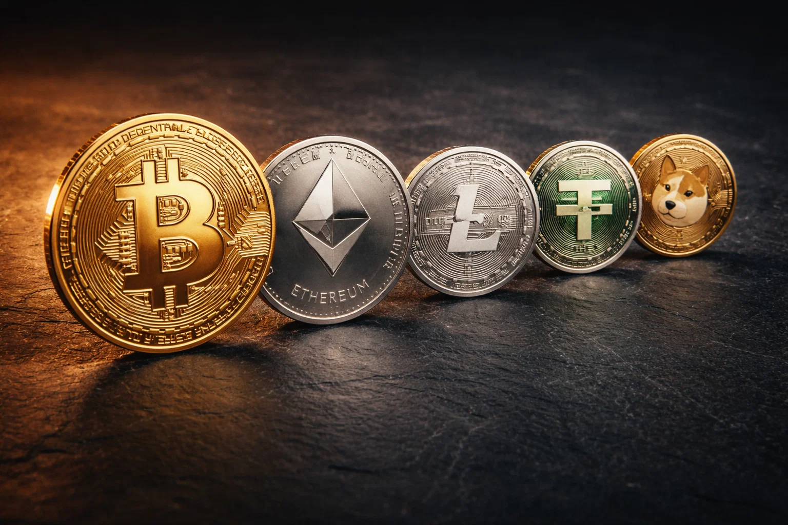 Verschiedene Kryptowährungs-Symbole Bitcoin Ethereum Litecoin nebeneinander dargestellt