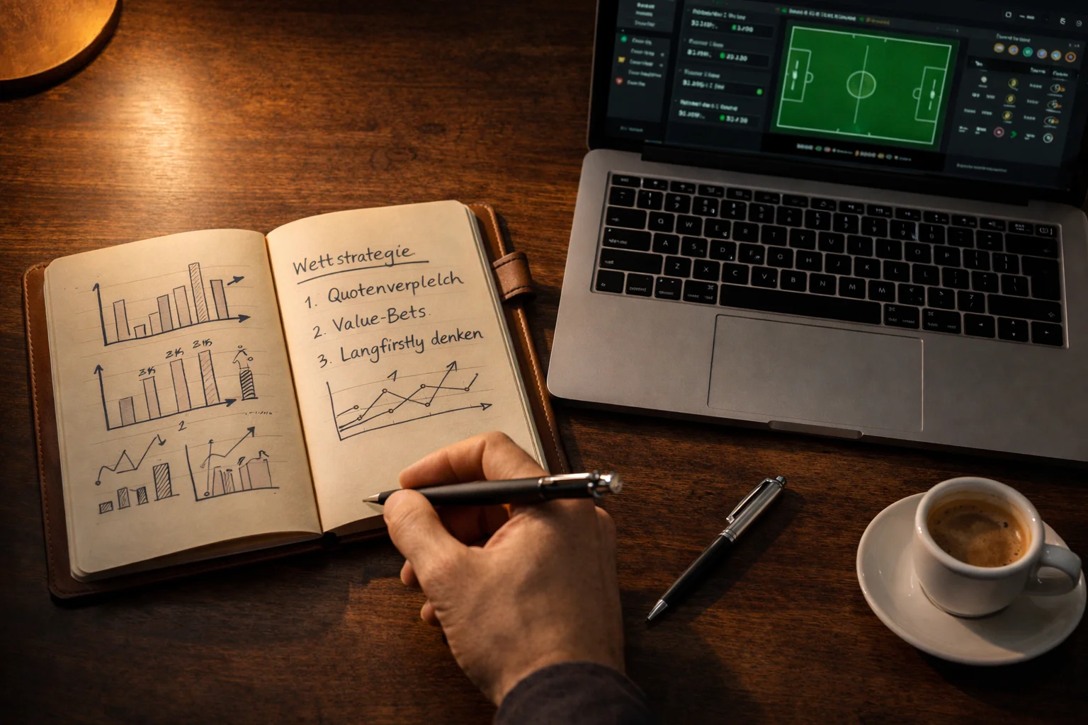 Notizbuch mit Sportwetten-Strategie und einfachen Diagrammen neben einem Laptop